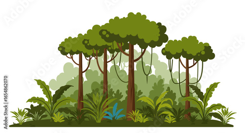 Lush green jungle with tall trees and dense foliage in flat design