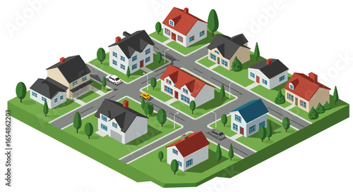 Isometric neighborhood with charming houses and green spaces