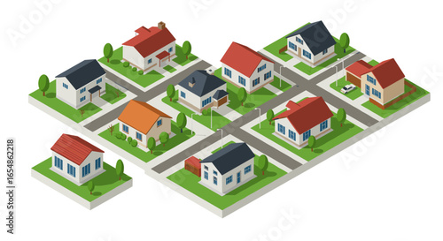 Isometric residential neighborhood with modern houses and green spaces