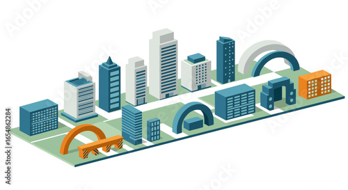 Isometric cityscape with modern architecture and arched bridges