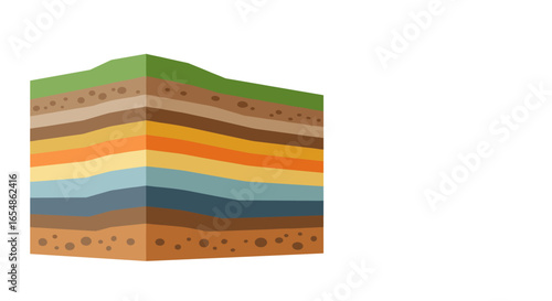 Isometric cross-section of earth's layers with soil, rock, and grass