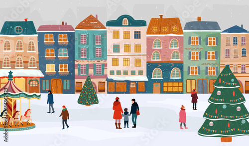 Snowy city street, fair, with people, carousel and Christmas trees. Hand drawn illustration for festive Christmas season.