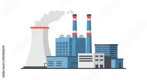 Industrial power plant with cooling tower and chimneys in flat design