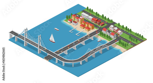 Modern isometric cityscape with bridges, waterway, and buildings