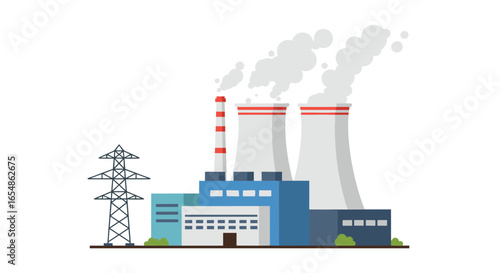 Modern power plant with cooling towers and chimney in flat design