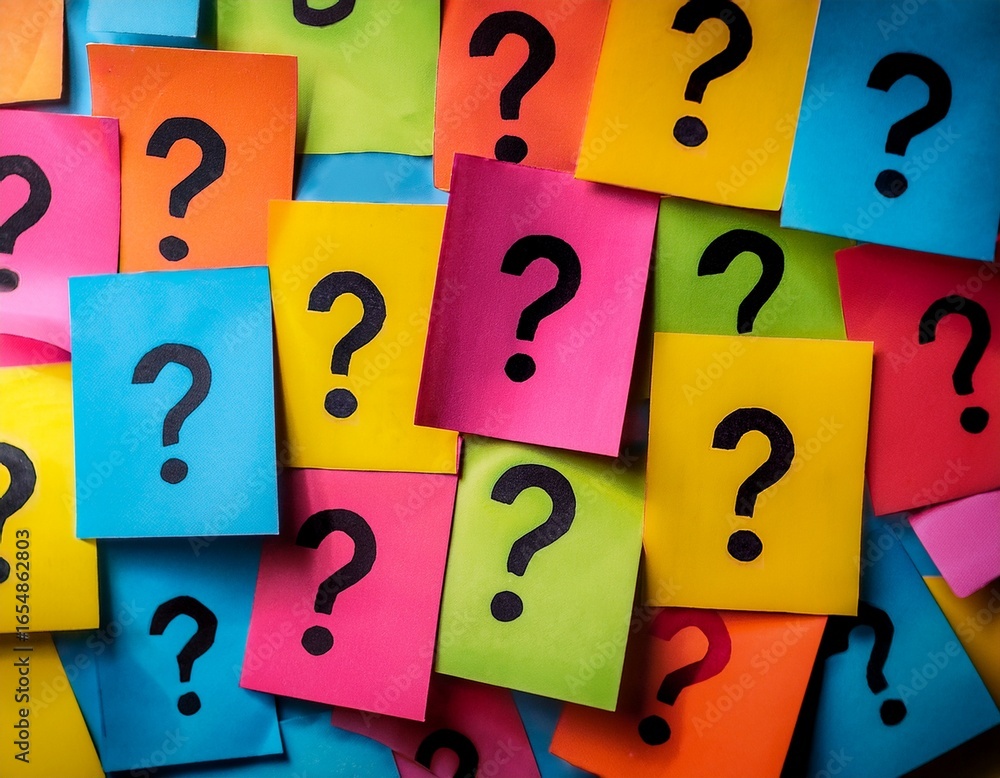Naklejka premium close up of colorful paper notes with question marks creating a vibrant and playful background