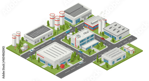Isometric industrial district with factories and roads in urban setting