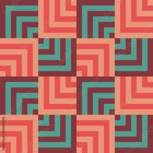 Pattern created from squares of brown, green, peach and orange squares getting progressively smaller