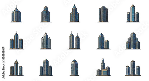 Isometric skyscraper set: variety of modern urban buildings in blue shades