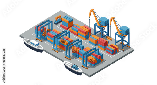 Isometric cargo port with cranes and containers