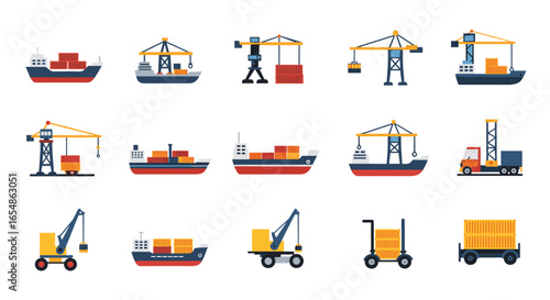 Marine logistics: colorful flat icons of shipping, cranes, and cargo transport