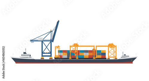 Container ship with cranes and cargo containers in flat style