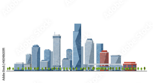 Modern flat cityscape with skyscrapers and trees against a clear sky