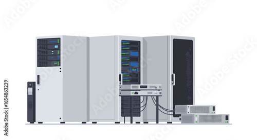 Modern data center equipment with servers and networking hardware in flat design