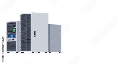 Modern data center infrastructure with server racks on white background