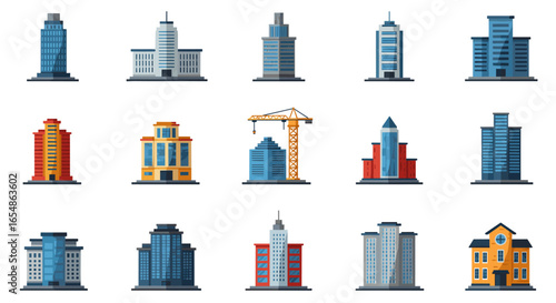 Urban buildings icon set featuring skyscrapers and construction crane in flat design