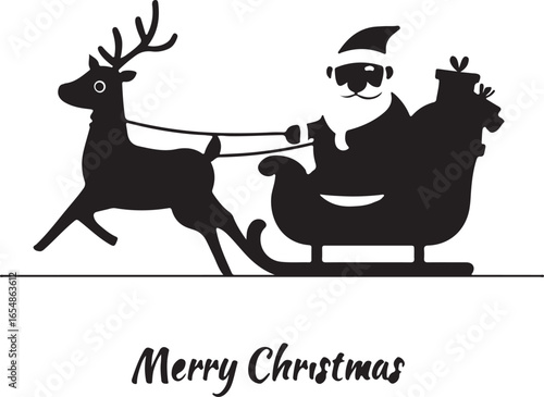 Black silhouette of Santa Claus in a sleigh pulled by a reindeer
