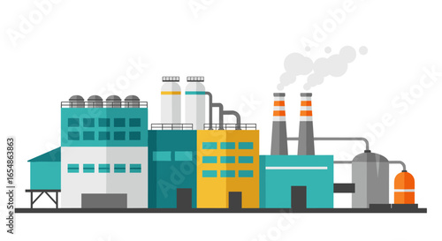 Colorful flat industrial factory with chimneys and buildings in urban landscape