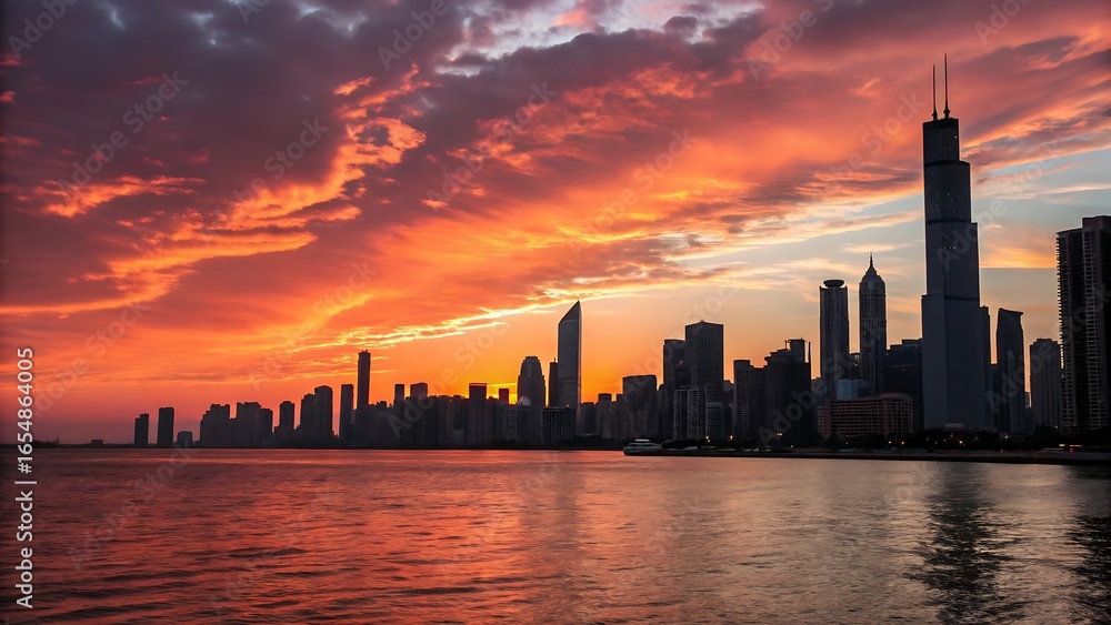 Fototapeta premium Chicago skyline at sunset with colorful clouds over lake michigan water