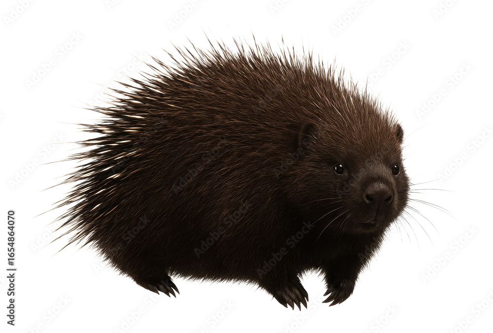 Fototapeta premium Porcupine with spiny quills and dark brown fur