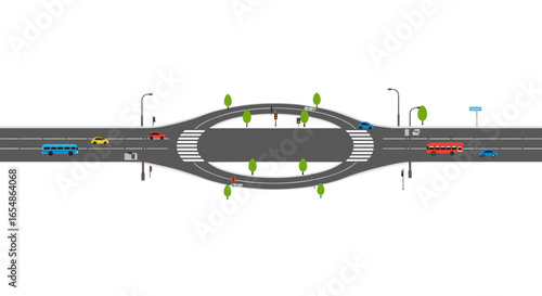 Urban traffic roundabout with cars and buses on city streets