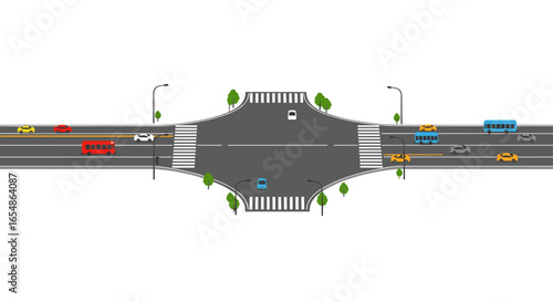 Urban intersection with vehicles and pedestrians in minimalist flat design