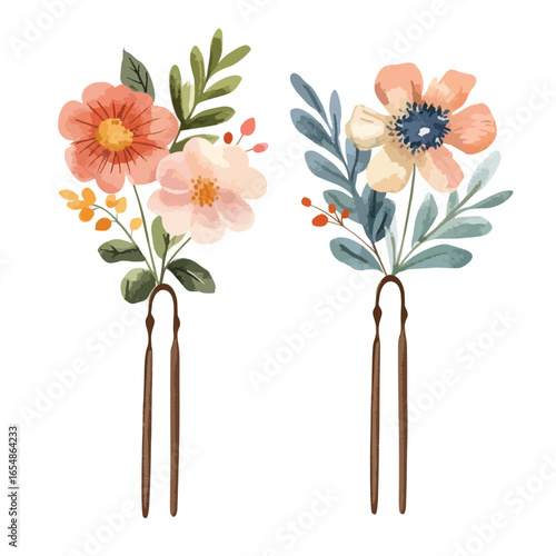 Watercolor Floral Hairpins Peach Pink and Blue Blooms