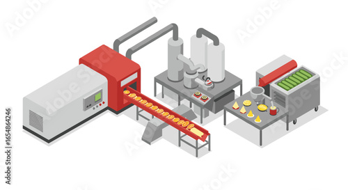 Modern isometric food processing equipment scene with conveyor and machinery