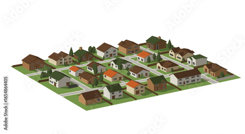 Charming isometric suburban neighborhood with colorful houses and green lawns