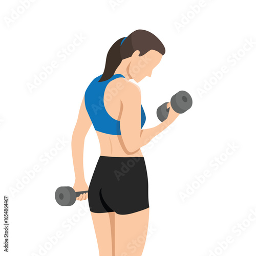 Woman Doing Bicep Curl Exercise. Flat vector illustration isolated on white background