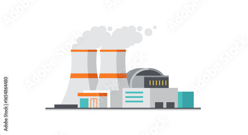 Flat design nuclear power plant with cooling towers and modern architecture