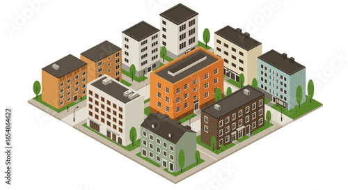 Isometric city block with modern apartments and green spaces