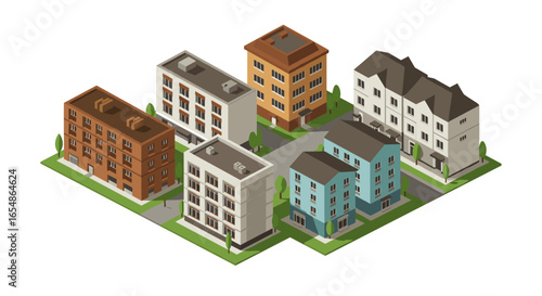 Isometric city block with modern buildings and green spaces for urban planning