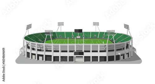 Realistic soccer stadium with green field and seating under stadium lights
