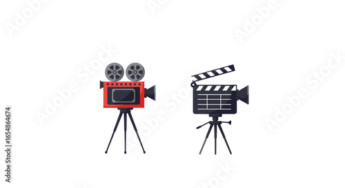 Retro film camera and clapperboard on tripod in vintage style