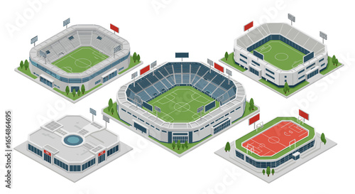 Isometric sports stadia collection featuring basketball and soccer arenas
