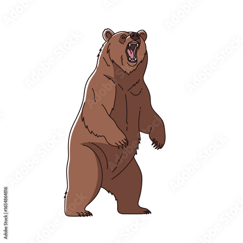 A large brown bear stands on its hind legs, roaring with its mouth wide open.