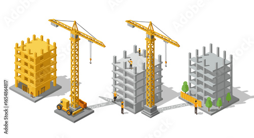 Construction site with isometric crane and building in various stages of completion