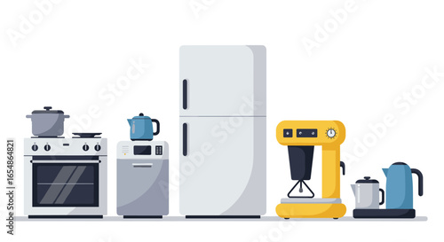 Modern kitchen appliances in flat design: refrigerator, stove, coffee maker, and more