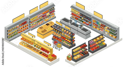 Isometric supermarket interior with shelves, checkout, and shopping cart for retail design