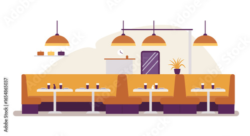 Cozy modern cafe interior with booths and pendant lighting