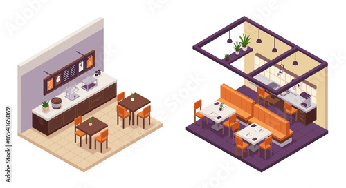 Modern isometric coffee shop interior with cozy seating and wall menu