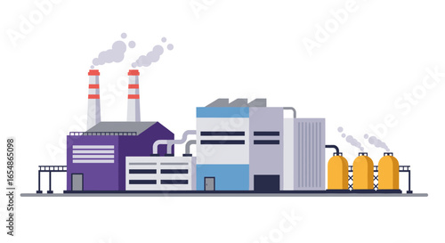Modern industrial factory with smokestacks and storage tanks in flat design