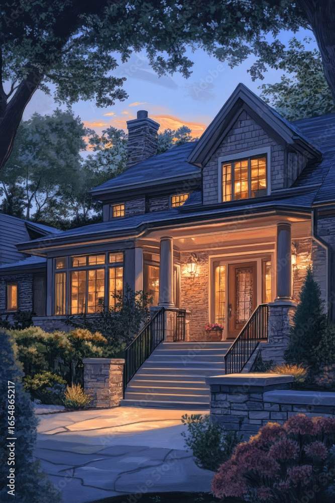 Fototapeta premium elegant suburban house at dusk with warm glowing lights. inviting front porch and stone pathway surrounded by lush greenery. cozy evening ambiance. real estate, architectural design.