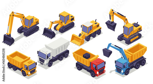 Isometric construction equipment set featuring excavators and dump trucks