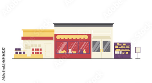 Charming flat design street shops with window displays and colorful facades
