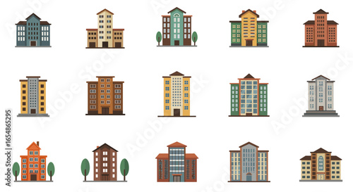 Diverse urban buildings collection in flat design style