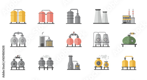 Flat industrial equipment icons set featuring tanks, pipelines, and factory elements
