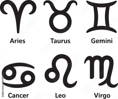 Aries Taurus Gemini Cancer Leo and Virgo Zodiac Astrology Symbols and Names vector illustration