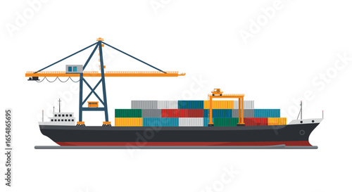 Colorful cargo ship with cranes and containers on white background